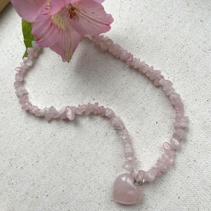 Rose quartz necklace with heart pendant/Raw Rose Quartz Crystal Necklace/Rose Quartz Beaded Necklace/Natural Rose Quartz Necklace/Choker image 4