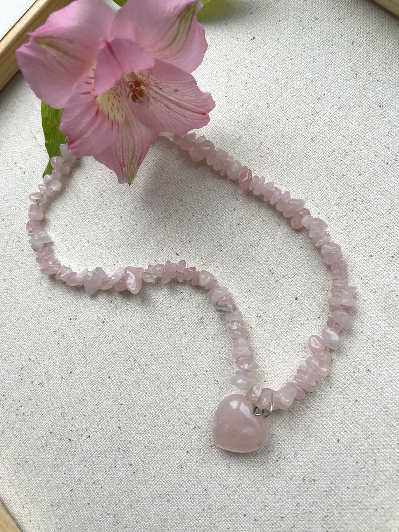 Rose quartz necklace with heart pendant/Raw Rose Quartz Crystal Necklace/Rose Quartz Beaded Necklace/Natural Rose Quartz Necklace/Choker image 4