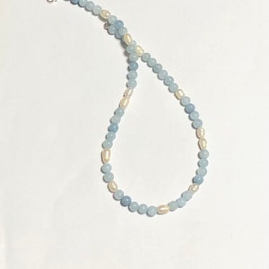 Round Aquamarine Beads Necklace Choker with Pearls/Aquamarine beaded necklace and pearls/Dainty necklace/Freshwater Pearl and Aquamarine image 4