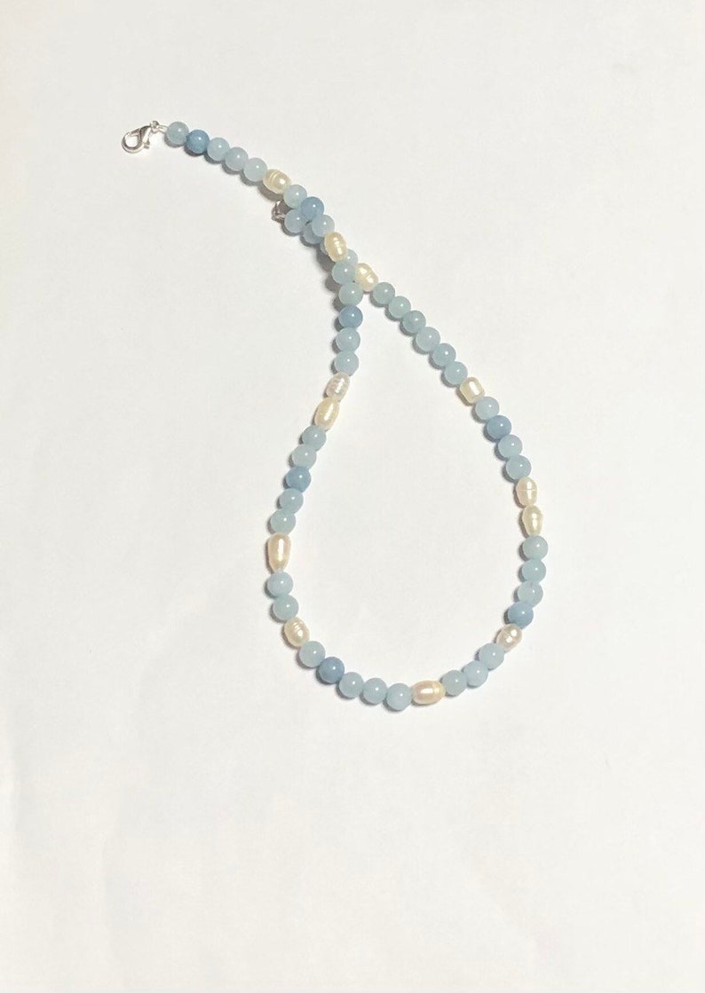 Round Aquamarine Beads Necklace Choker with Pearls/Aquamarine beaded necklace and pearls/Dainty necklace/Freshwater Pearl and Aquamarine image 4