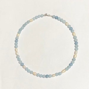 Round Aquamarine Beads Necklace Choker with Pearls/Aquamarine beaded necklace and pearls/Dainty necklace/Freshwater Pearl and Aquamarine image 3