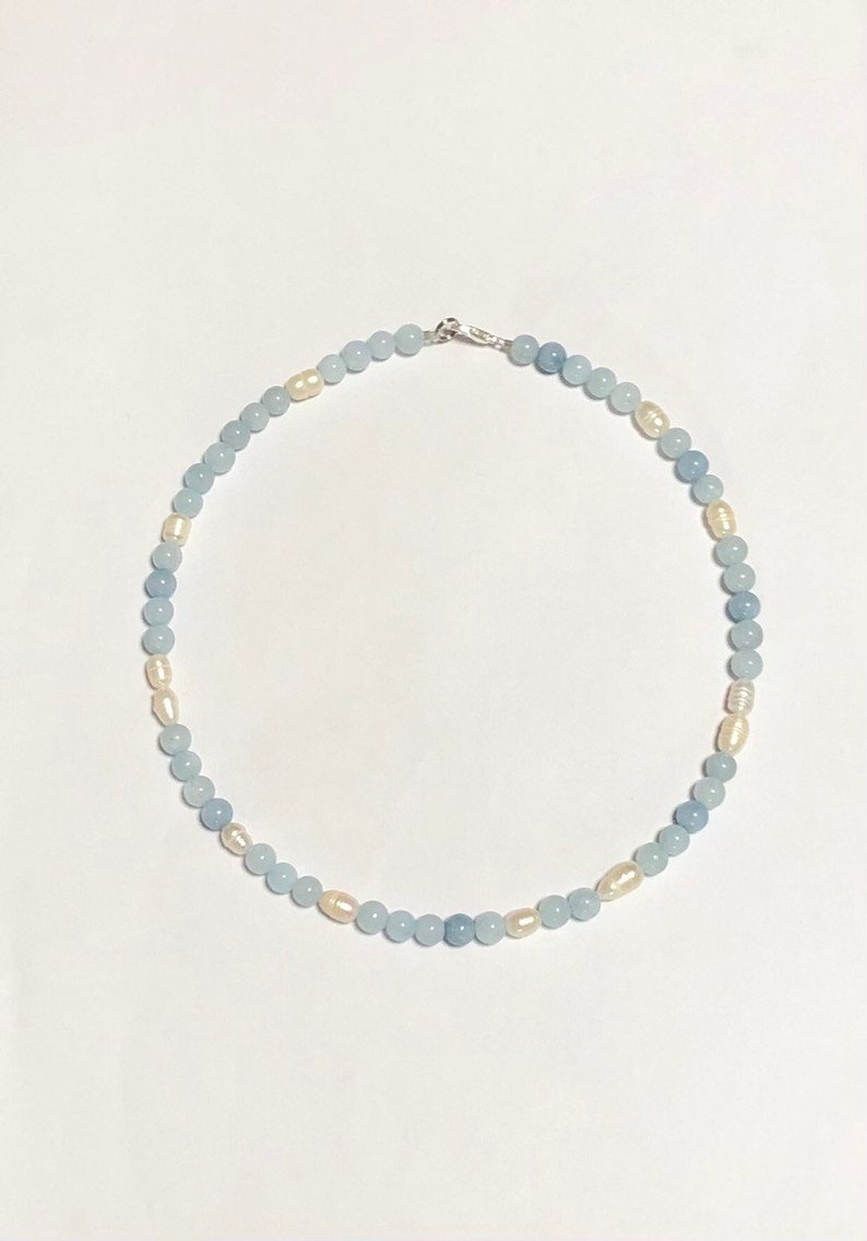 Round Aquamarine Beads Necklace Choker with Pearls/Aquamarine beaded necklace and pearls/Dainty necklace/Freshwater Pearl and Aquamarine image 3