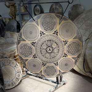 35 cm to 65 cm lightweight Flat Tibetan Gong- Adorned with flower of life and auspicious symbols-Attractive design-Premium sound quality