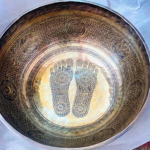 Extra large singing bowl, double bazra  buddha feet etched large Tibetan singing bowl-Master Healing singing Bowl-sound healing