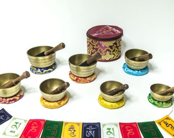 mantra ETCHING Singing Bowl Sets of 7- Handmade Tibetan Singing Bowl for Meditation, Sound, Peace, Mindfulness, FAST and free shipping