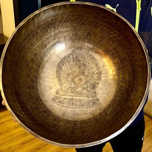Extra Large Handmade Buddha with Tibetan mantra Engraved standing therapy singing bowl-Available in 16 inches to 24 inches-Deep resonating