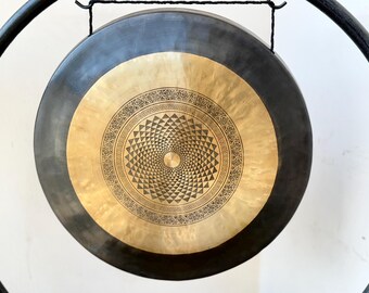 Gong Fleur de vie : Soins sonores noirs et dorés, 50 cm