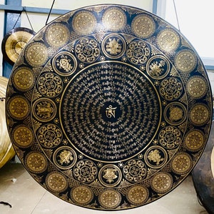 Large Tibetan Gong bell -Available in 6 different Sizes- Om mantra with auspicious symbols and beautiful embroidery- Best Sound producing