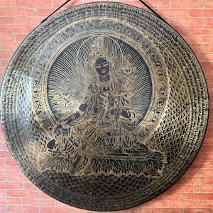35cm to 100cm Green Tara adorned Large Tibetan Gong- Produces deep resonating sound healing vibrations-Spiritual design-Premium gong