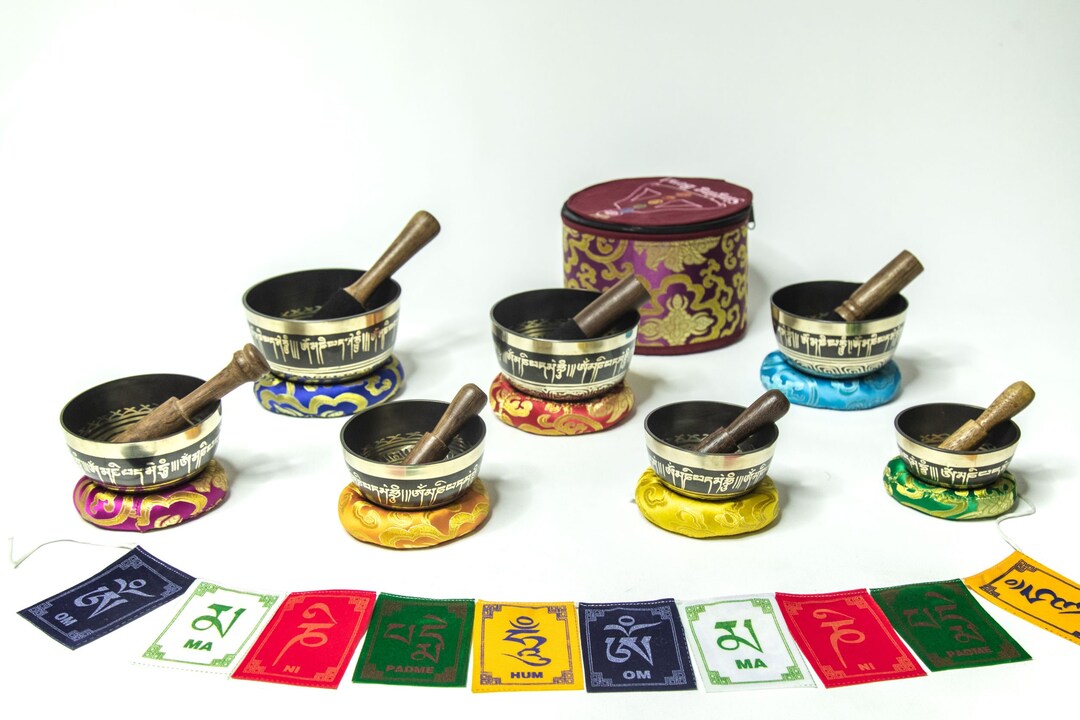 Tibetan Singing Bowls Set of 7 Chakra Healing Colored Singing Bowls Set Handcrafted in Nepal
