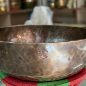 Extra Large Rare full moon Antique Singing Bowl - Tibetan Prayer Bowl comes with resting cushion, mallet and striker - Made in Nepal