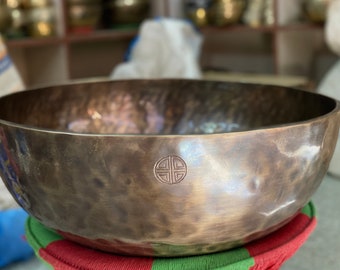 Extra Large Rare full moon Antique Singing Bowl - Tibetan Prayer Bowl comes with resting cushion, mallet and striker - Made in Nepal