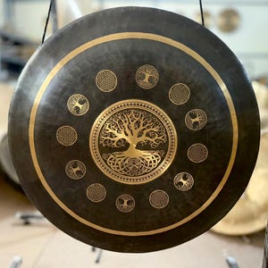 35 cm to100 cm Black & Golden attire Tree of life Gong -Unique design- comes in various sizes- premium sound quality- Made in Nepal