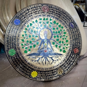 35cm to 100cm Color Yogi Gong bell-Adorned with meditating yogi & tree of life-Fancy design-Attractive sound quality-Best for sound healing