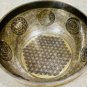 Extra large singing bowl, flower of life  astamandala etched large Tibetan singing bowl-Master Healing singing Bowl-sound healing