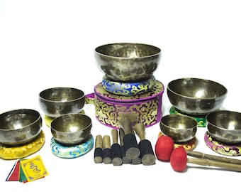 Handgemaakte chakra-gestemde klankschalenset: Tibetaanse kom voor meditatie (8-13 inch)