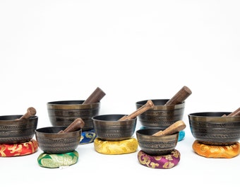 chocolate NATURAL ETCHING Singing Bowl Sets of 7- Handmade Singing Bowl for Meditation, Sound, Peace, Mindfulness, FAST and free shipping