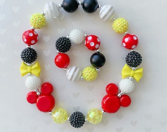 Magical Theme Park Mouse Ears Chunky Bead Necklace for girls, Bubblegum Bead bracelet for toddler, birthday cake smash outfit
