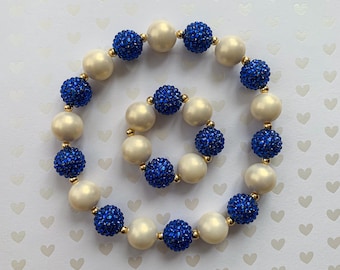 Pearl Baby Necklace, Toddler bubblegum bead necklace, Girl Chunky bead necklace, elastic bracelet, cake smash outfit, dress up play jewelry