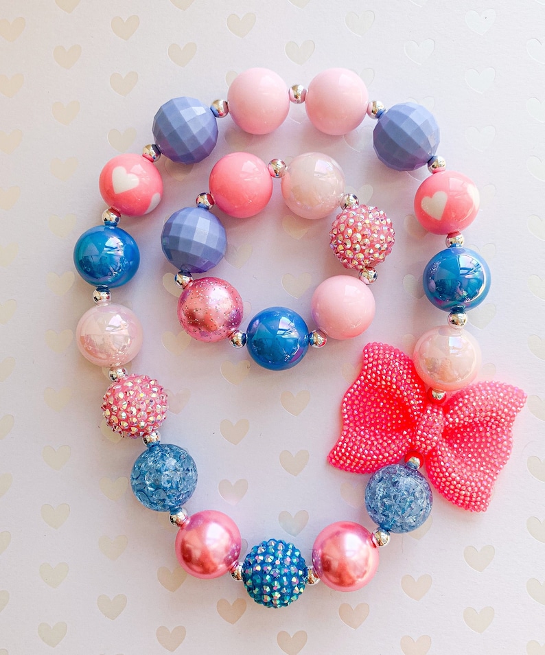 Pink Bow Chunky Necklace Girl Necklace Children Necklace Baby Bracelet Baby Necklace Jewelry Toddler Necklace Toddler Bracelet