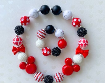 Magical Theme park Mouse Ears Bubblegum Bead Necklace, Chunky Bead No clasp Necklace and bracelet, birthday cake smash outfit accessory