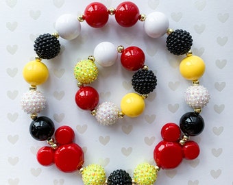 Theme park Mouse ears chunky bead bubblegum toddler necklace and bracelet, big bead jewelry, first birthday cake smash outfit, birthday gift