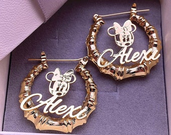 Girls Minnie Mouse Earrings - Bamboo Earrings Name - Custom Name Earrings - Kids Name Earrings - Mini Bamboo Hoops - Personalized Gift