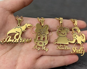 Collana personalizzata con nome di un personaggio dei cartoni animati, gioielli personalizzati per bambini