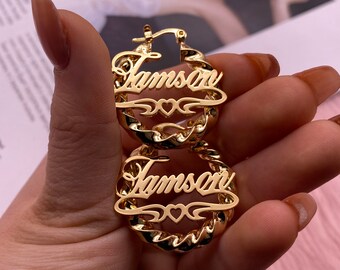 Pendientes de aro de bambú con nombre personalizado, pendientes personalizados de acero inoxidable