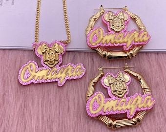 Pendientes de aro de bambú personalizados con nombre, regalo de Minnie Mouse