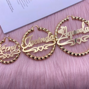 Bamboo Earrings, Name Earring, Custom Bamboo Earring Name, Gift For Women, Nameplate Hoop Earring, Initial Name Hoops, Personalized Earring