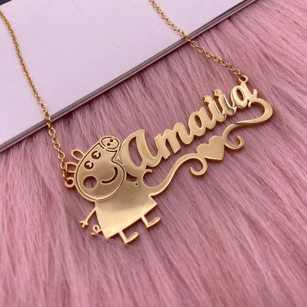 Collar con nombre de Peppa Pig, collar con nombre de personaje de dibujos animados personalizado, regalo con nombre para niños, collar con nombre personalizado, collar personalizado