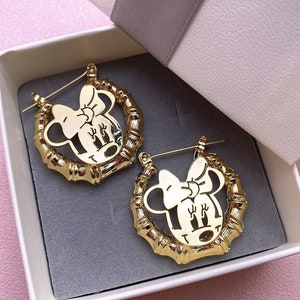 Minnie Mouse Earrings - Bamboo Earrings Name - Custom Name Earrings - Cartoon Name Earrings - Personalized Any Cartoon Name Bamboo Earrings