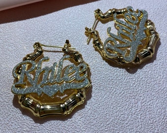 Pendientes de aro de bambú con nombre personalizado, joyería personalizada