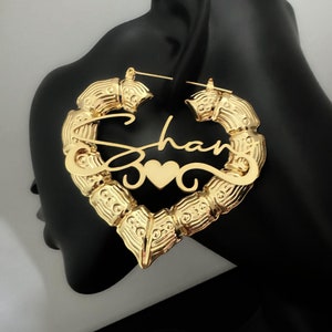 Heart Bamboo Name Earrings, Custom Name Earrings, Heart Name Earrings, Heart Bamboo Hoops, Nameplate Earrings, Earrings For Baby, Kids