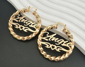 Twist Hoop Name Earrings, Personalized Stainless Steel, Custom Jewelry