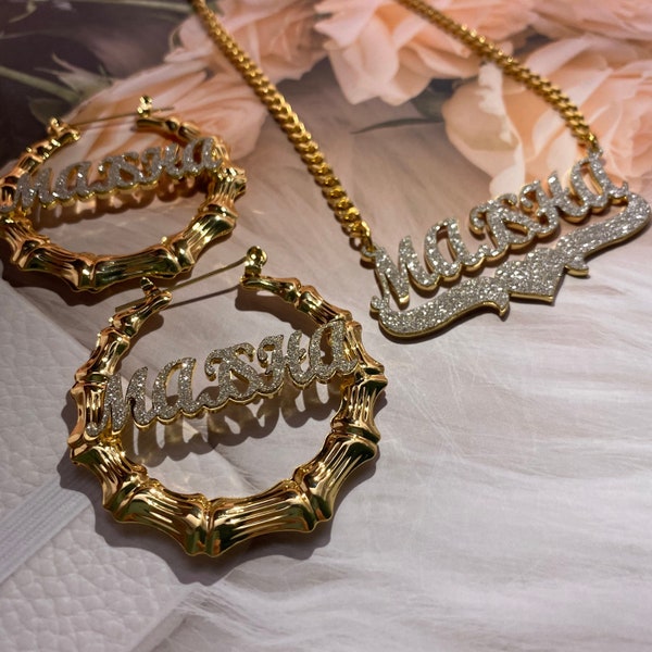 Custom Name Bamboo Earrings Necklace Set, Bling Name Earrings, Name Necklace, Bamboo Earrings, Personalized Gift Women Mother Kids Baby