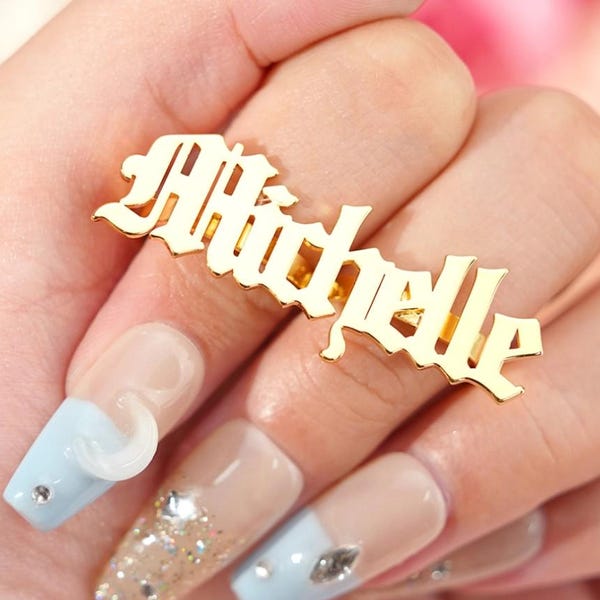 Custom Name Ring, Personalized Ring, Two Fingers Ring, Dainty Gold Ring, Name Jewelry, Nameplate Ring, Old English Name Ring, Birthday Gifts