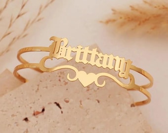 Pulsera rígida personalizada con nombre chapada en oro de 18 quilates, brazalete personalizado.