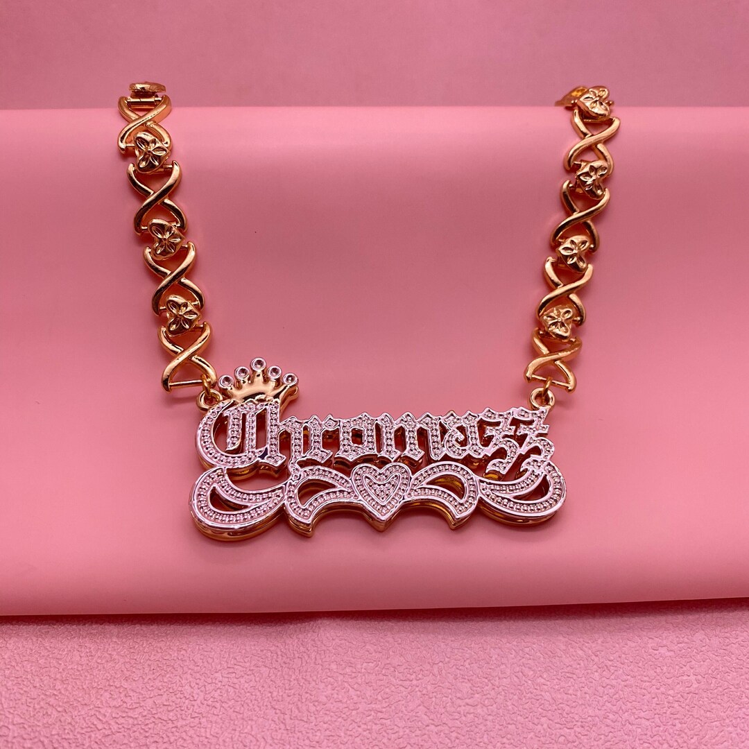 Nameplate Necklace, Gold Name Necklace, Double Name Plate Necklace, 3D