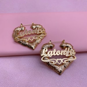 Custom Bamboo Earrings, Name Earrings Heart, Name Bamboo Earring, Kids Name Earrings, Personalized Name Earrings, Bamboo Hoops, Kids Earring