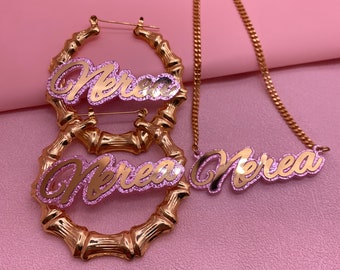 Benutzerdefinierte Bambus Name Hoop Ohrringe und Halskette Set, personalisierter Acryl Schmuck