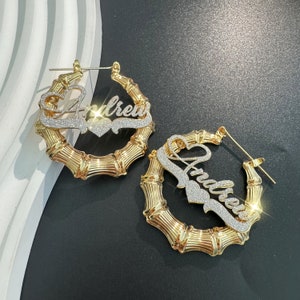 Custom Name Earrings, Bling Name Earrings, Bamboo Name Earrings, Kids Name Earrings, Gold Name Hoops, Name Earring,Jewelry Gift,Gift For Her