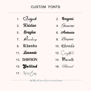 May include: A light pink background with the text "CUSTOM FONTS" at the top. Below, seventeen names are displayed in various fonts, including "Aniyah," "Kristan," and "Dawson." The Etsy shop's name, "@Mialovelycreations," is at the bottom.
