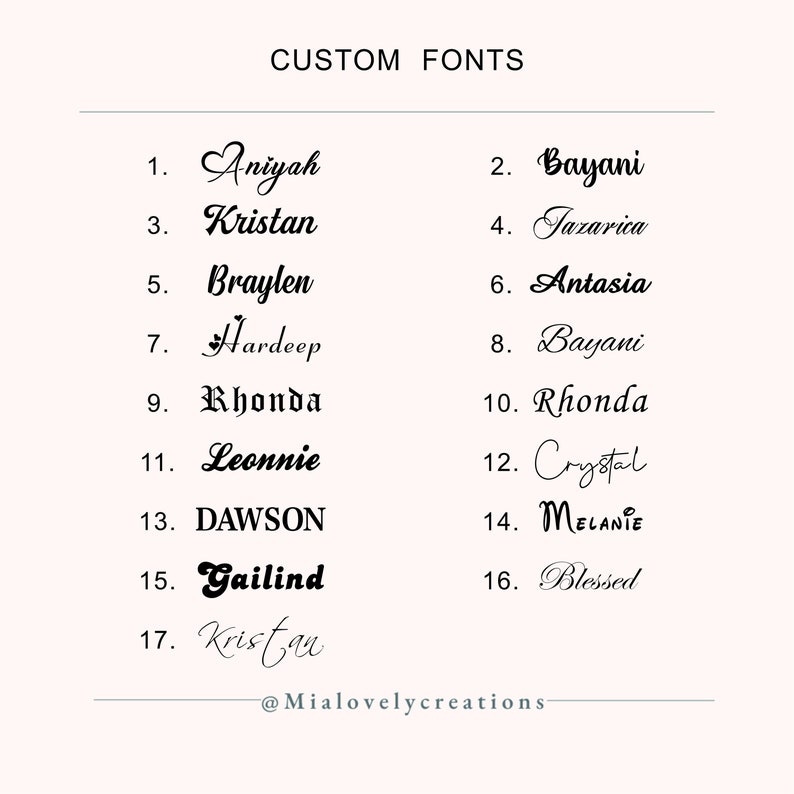 May include: A light pink background with the text "CUSTOM FONTS" at the top. Below, seventeen names are displayed in various fonts, including "Aniyah," "Kristan," and "Dawson." The Etsy shop's name, "@Mialovelycreations," is at the bottom.