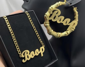 Benutzerdefinierte Name Bambus Hoop Ohrringe und Halskette Set, personalisiertes Geschenk