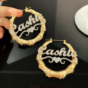 Kids Name Earrings,Custom Bamboo Earrings,Bling Name Earrings,Personalized Earrings,Women Name Earrings,Nameplate Earrings,Custom Jewelry