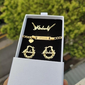 Custom Baby Jewelry Set,Kids Jewelry Set,Custom Earrings,Gold Name Bracelet,Name Earring,Nameplate Necklace,Custom Jewelry Set Gift for Kids
