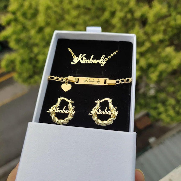 Custom Name Jewelry Set, Personalized Baby Earrings, Bracelet, Necklace