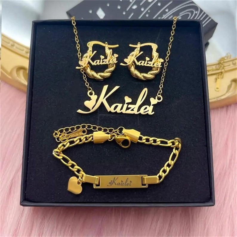 Custom Baby Jewelry Set, Kids Bangle Earrings, Nameplate Neckalce, Gold